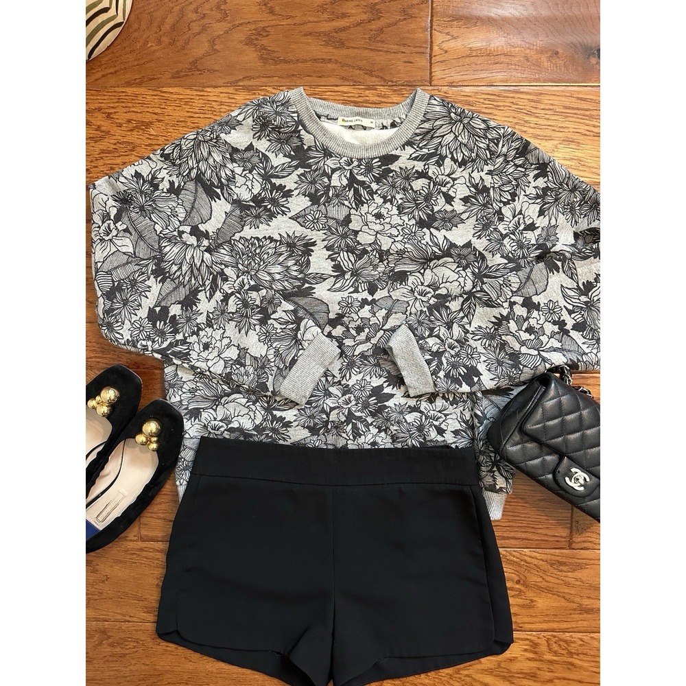 Marine Layer Womens Medium Grey Black Floral Crewneck Sweatshirt Pullover